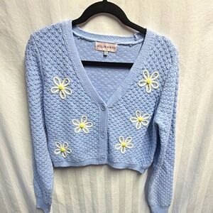 Willow & Wind Women's Cardigan Sweater M Blue Cable Knit V-Neck Floral Button